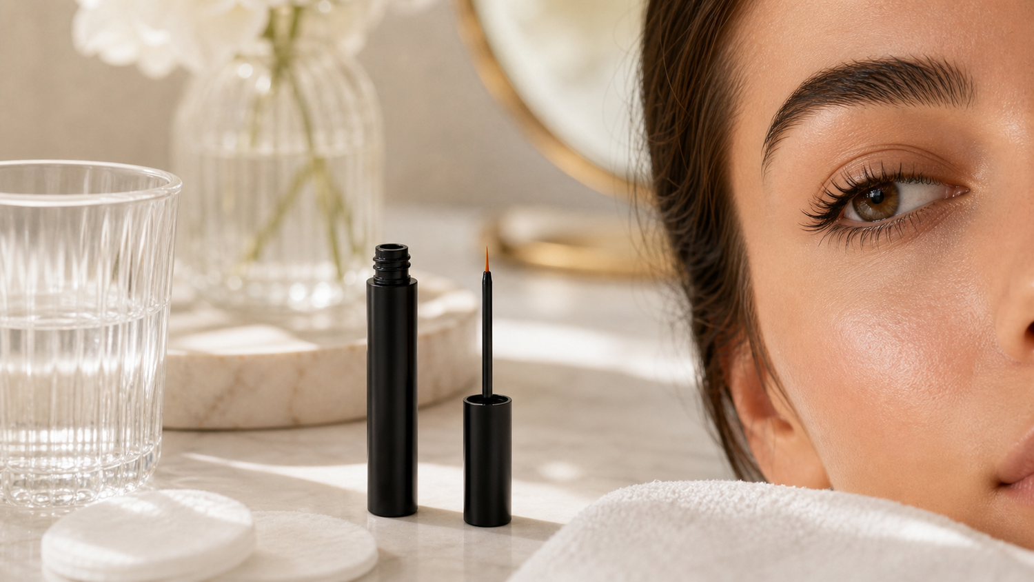 Gentle lash serum application routine for sensitive-looking eye areas