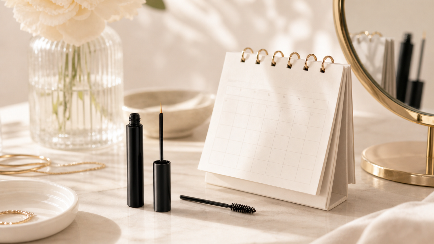 realistic lash serum routine timeline and clean beauty vanity