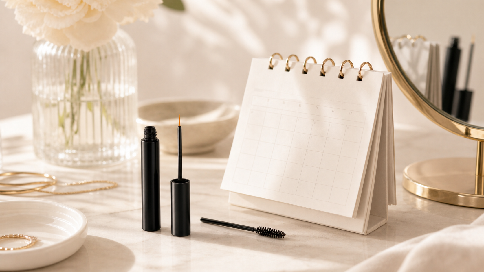 realistic lash serum routine timeline and clean beauty vanity