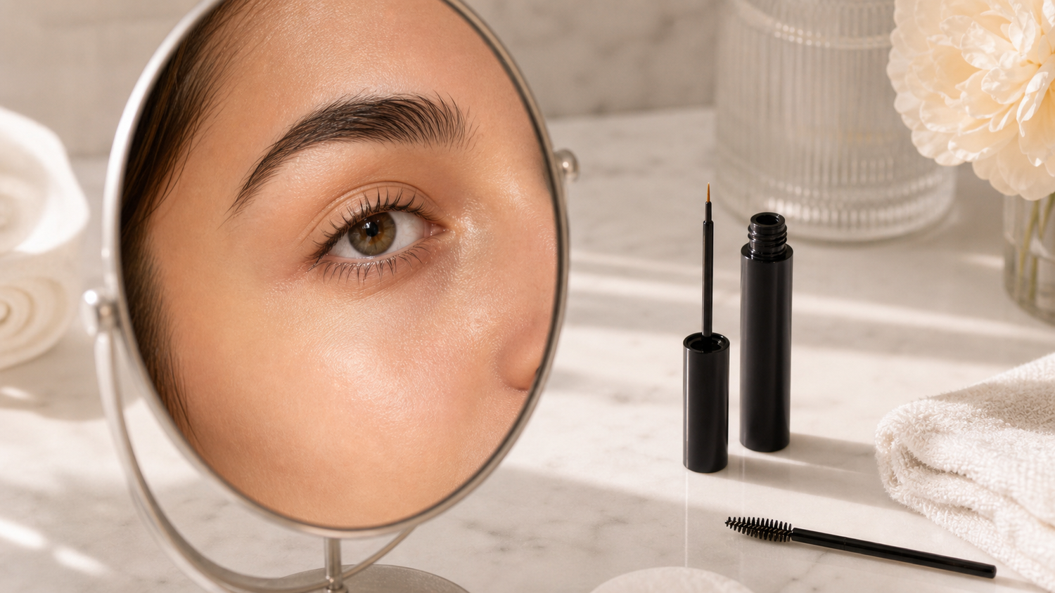 Bare-lash reset routine with gentle cleansing and lash serum care