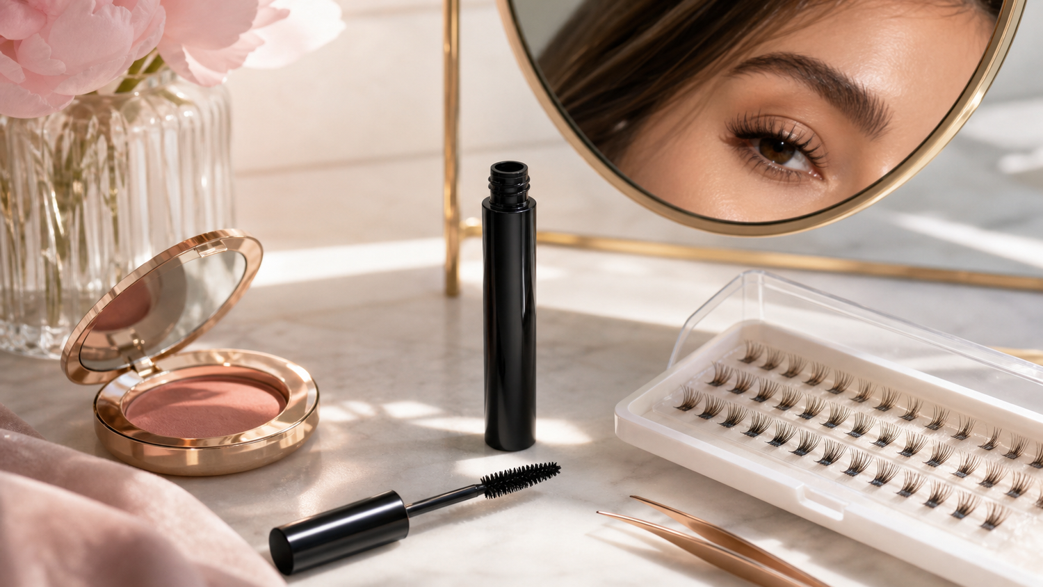 lash serum mascara and DIY cluster lashes on a luxury beauty vanity
