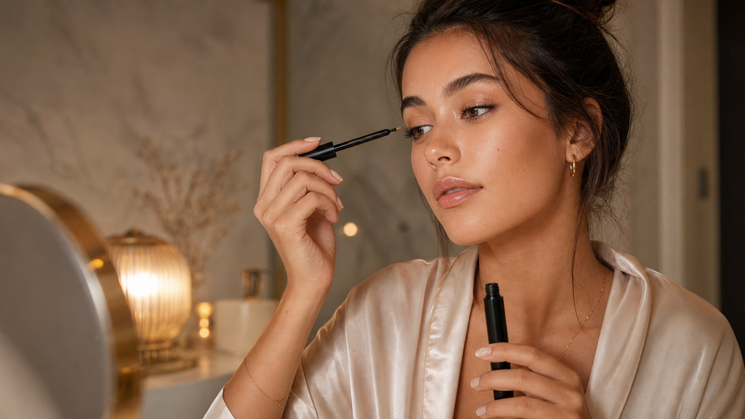 nightly lash serum routine with natural lashes and clean beauty vanity