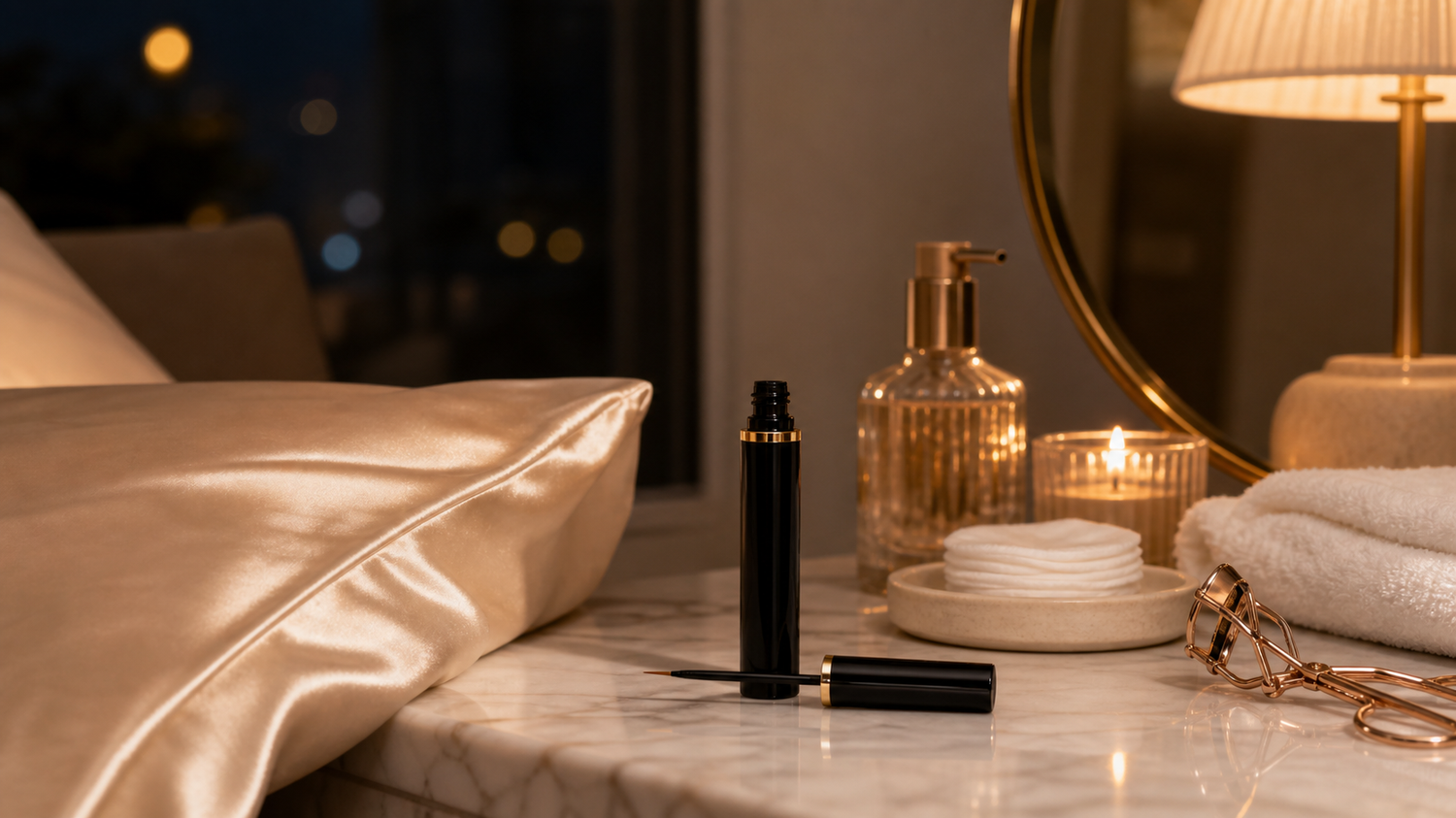 Nightly 2Bmagic lash serum checklist on a beauty vanity