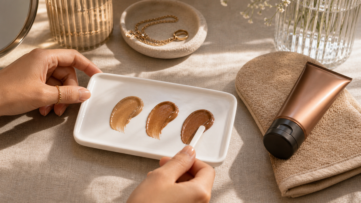 Bronze swatches and tools for choosing a self-tanning shade