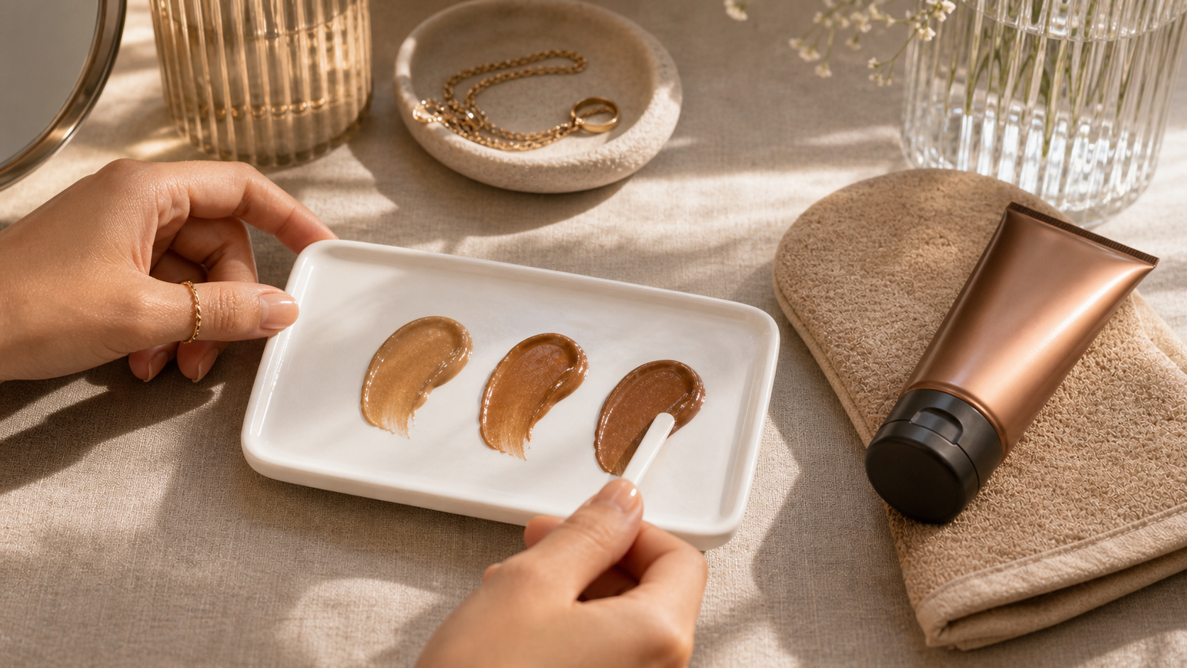 Bronze swatches and tools for choosing a self-tanning shade