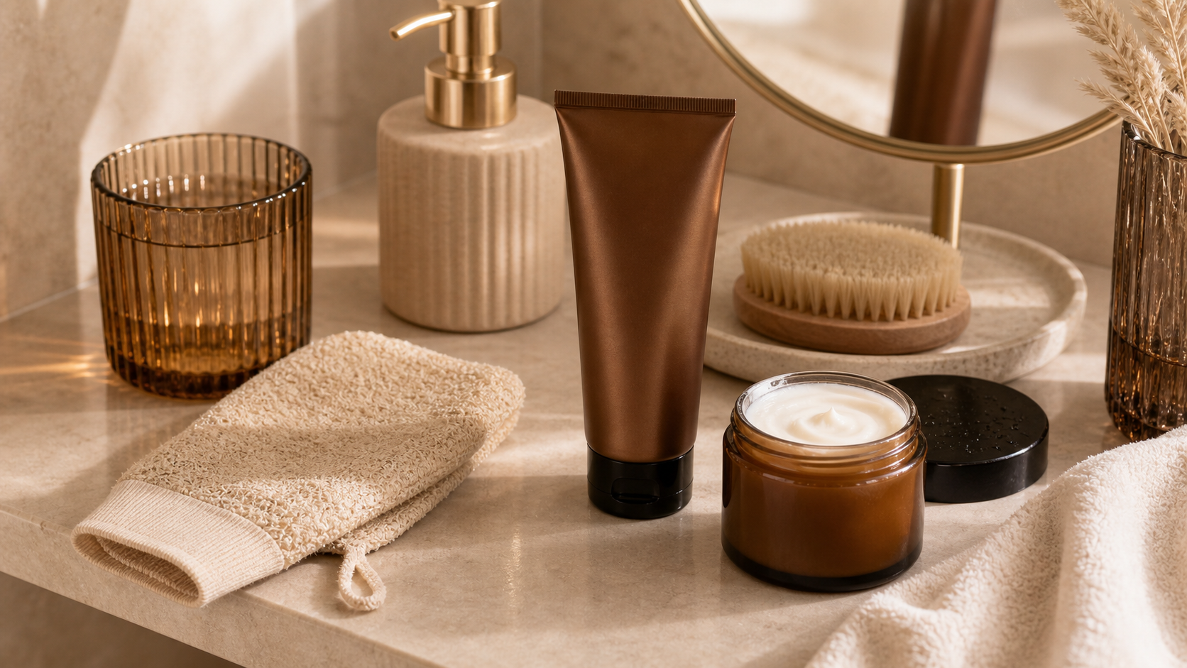 Moisturizer, exfoliating mitt, and self-tanning gel for dry-skin preparation