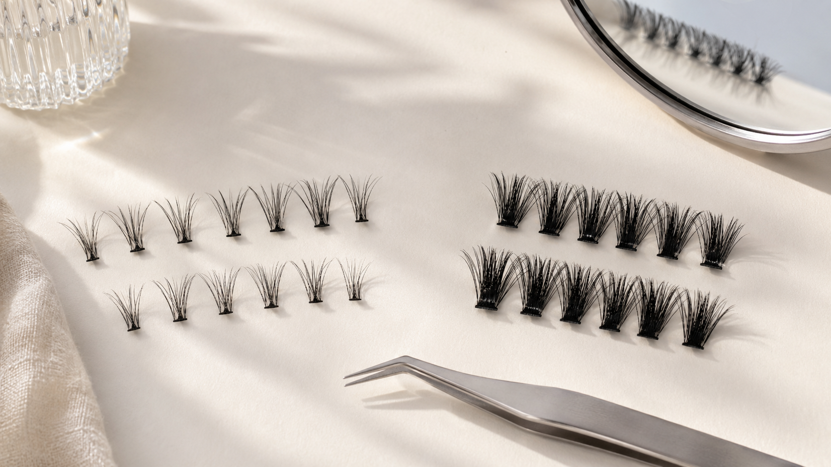 Airy and fuller DIY lash cluster styles arranged beside clean tweezers