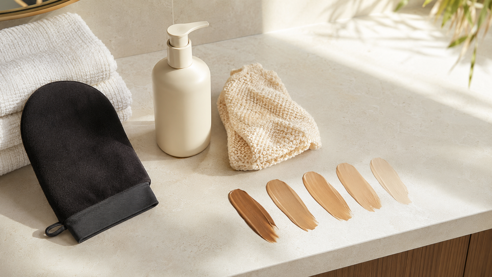 Self-tan mitt, moisturizer, exfoliating cloth, and gradual color swatches