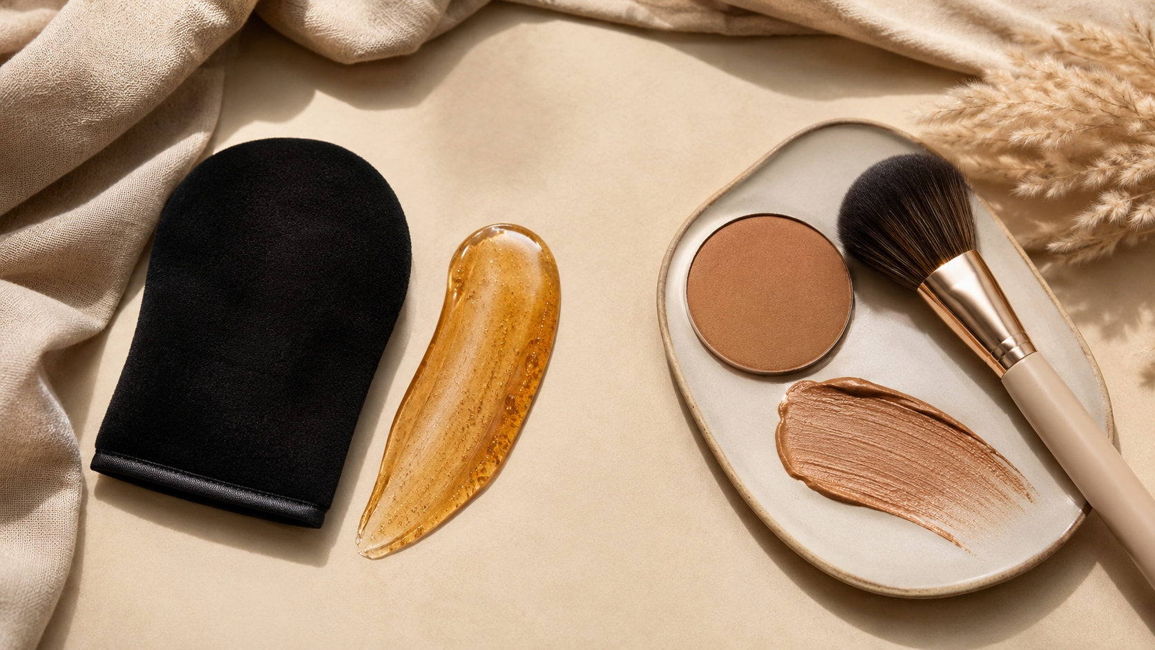 Self-tanning gel and body bronzer arranged side by side