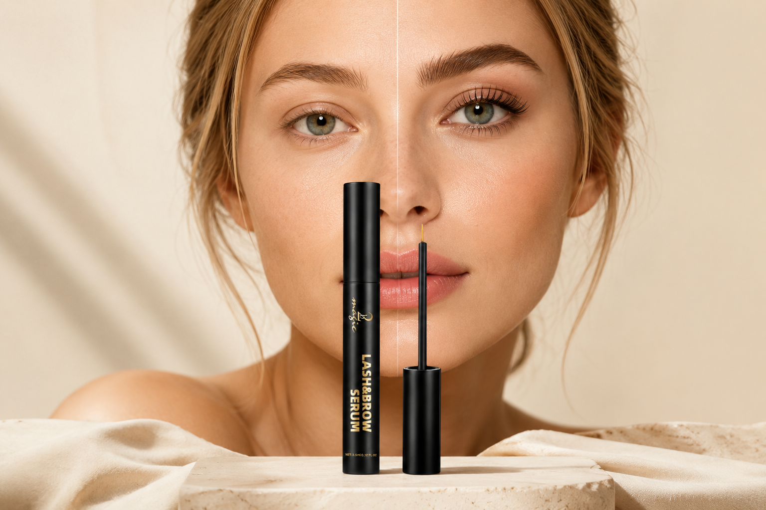 Applying lash and brow serum before eyebrow makeup