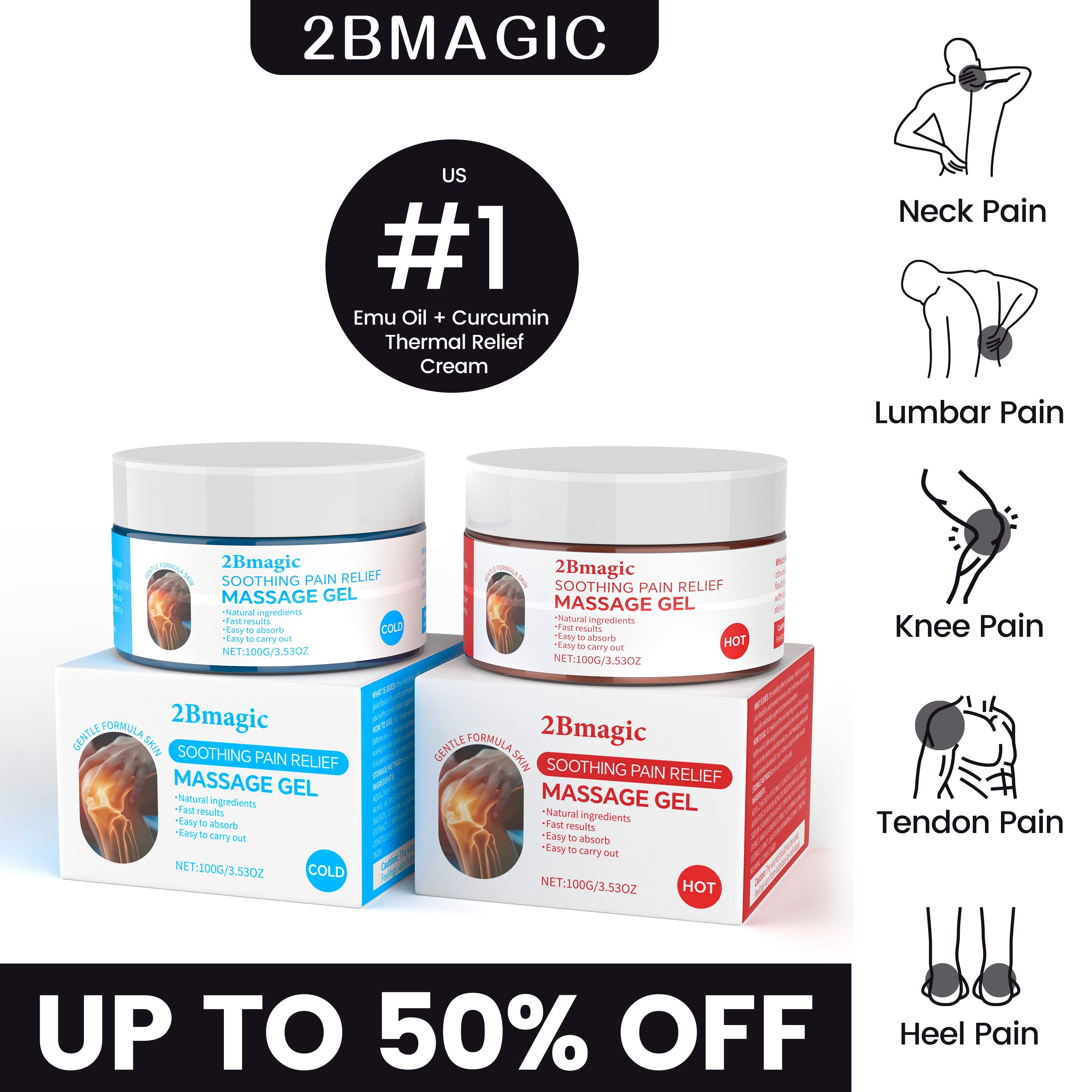 2Bmagic Soothing Pain Relief Massage Gel HOT and COLD formula jar