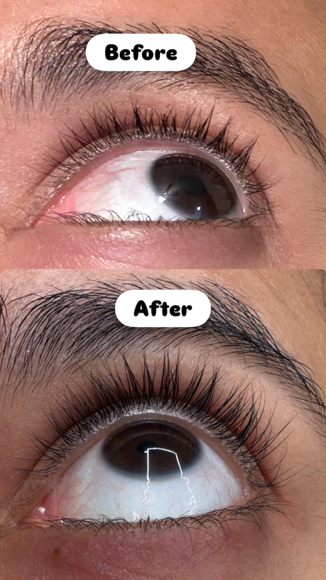 Before and after appearance of fuller-looking lashes